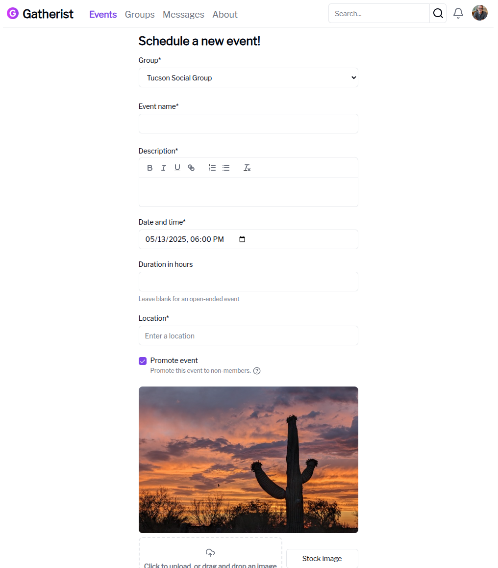 Create an event Screenshot of creating an event