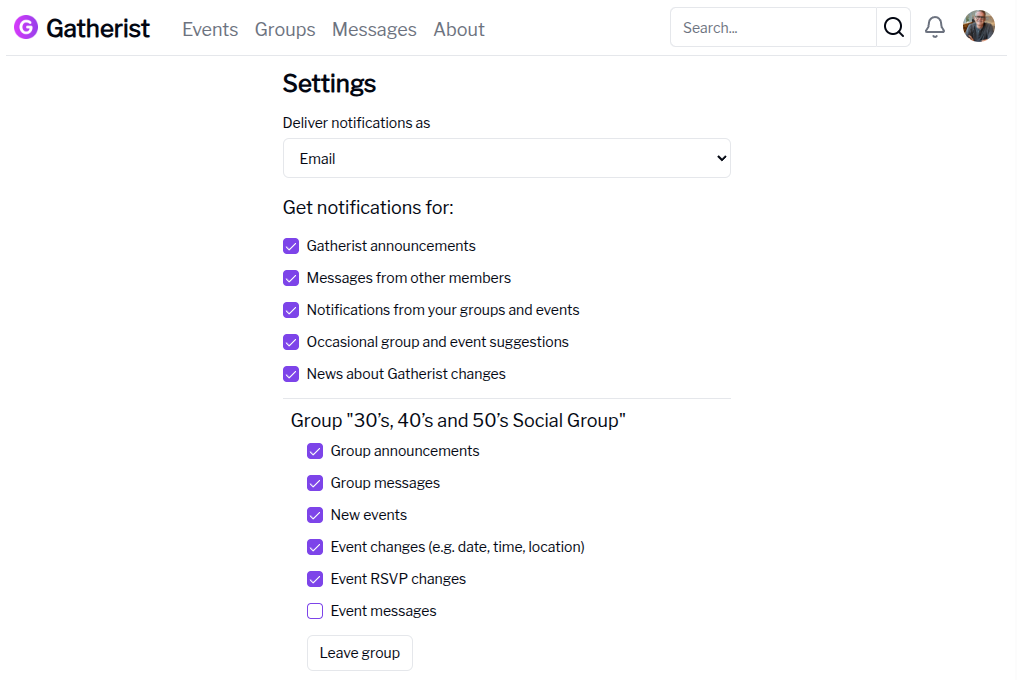 Notification settings Screenshot of notification settings